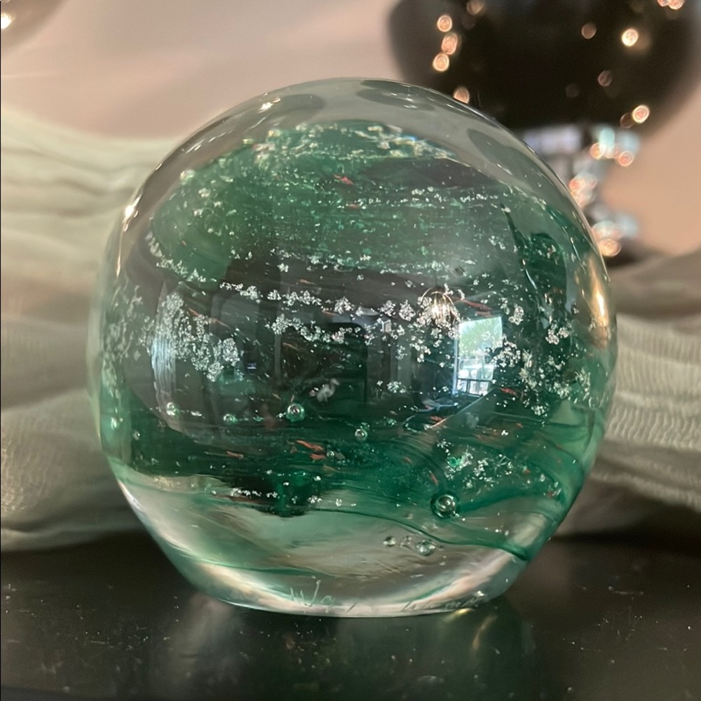 Elegant Green Glass Sphere Art Piece ~ Signed & Dated